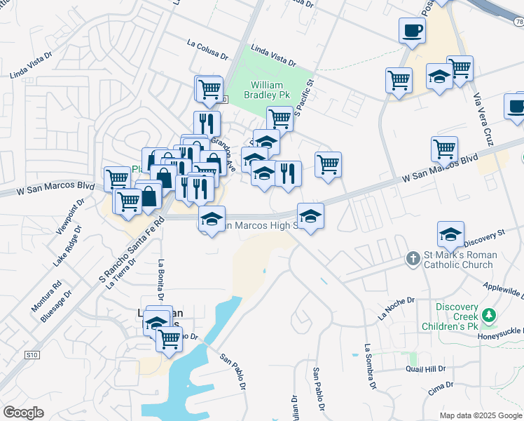 map of restaurants, bars, coffee shops, grocery stores, and more near 1582 West San Marcos Boulevard in San Marcos