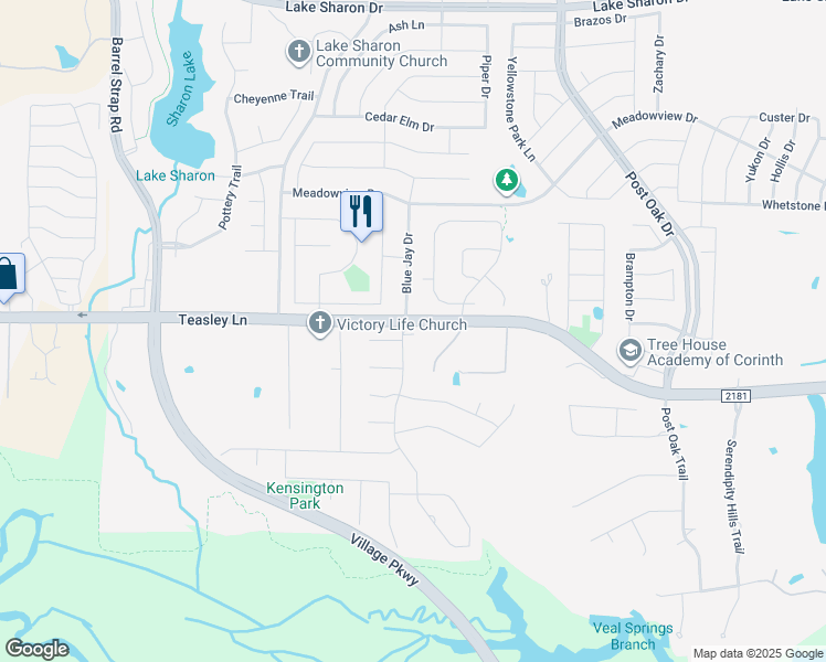 map of restaurants, bars, coffee shops, grocery stores, and more near 3400 Windsor Pkwy in Corinth