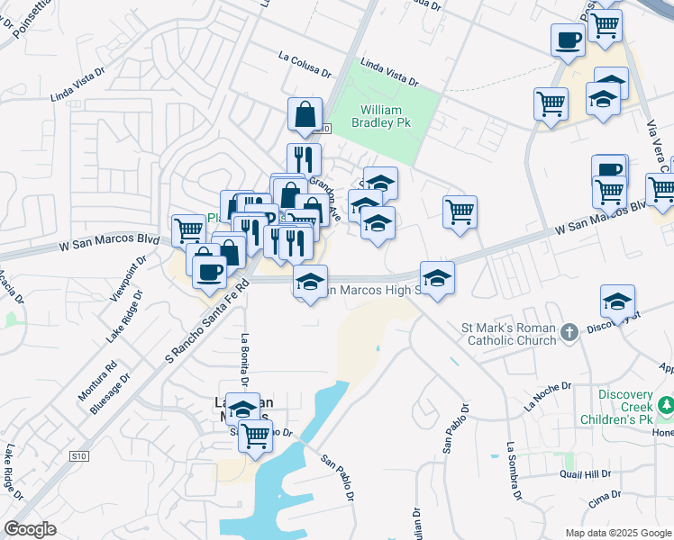 map of restaurants, bars, coffee shops, grocery stores, and more near 1590 West San Marcos Boulevard in San Marcos