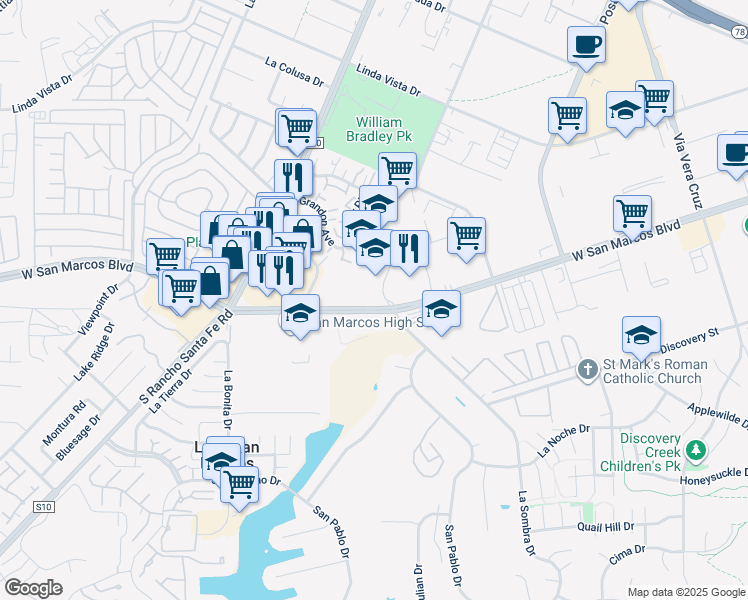 map of restaurants, bars, coffee shops, grocery stores, and more near 1582 West San Marcos Boulevard in San Marcos