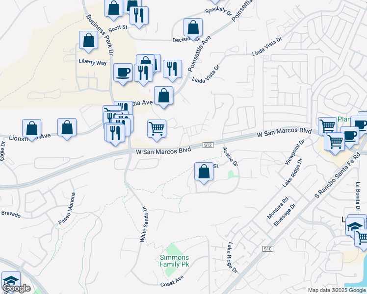 map of restaurants, bars, coffee shops, grocery stores, and more near 1564 West San Marcos Boulevard in Vista