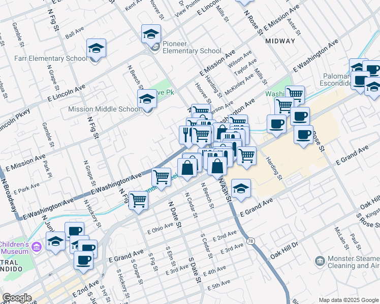 map of restaurants, bars, coffee shops, grocery stores, and more near 1115 East Washington Avenue in Escondido