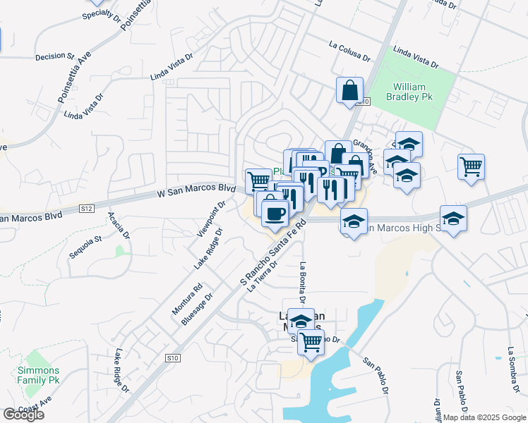 map of restaurants, bars, coffee shops, grocery stores, and more near 1929 West San Marcos Boulevard in San Marcos