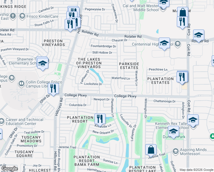 map of restaurants, bars, coffee shops, grocery stores, and more near 11379 Lockshire Drive in Frisco