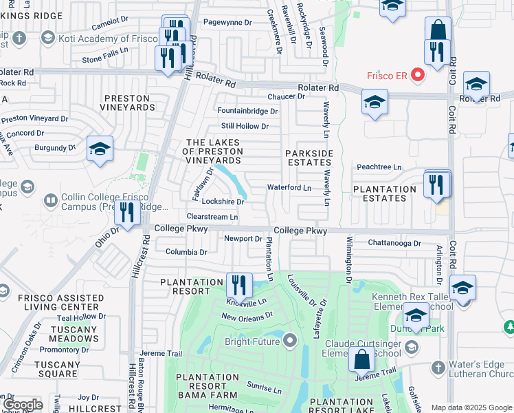 map of restaurants, bars, coffee shops, grocery stores, and more near 11379 Lockshire Drive in Frisco