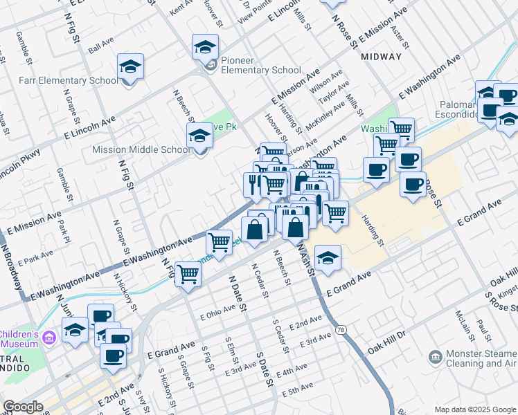 map of restaurants, bars, coffee shops, grocery stores, and more near 1115 East Washington Avenue in Escondido
