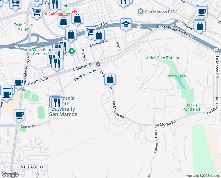map of restaurants, bars, coffee shops, grocery stores, and more near 491 Camino Verde in San Marcos