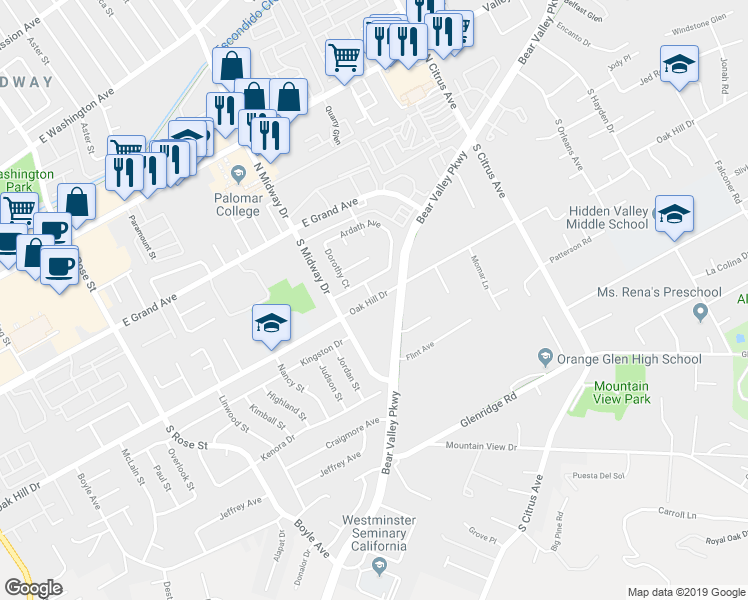 map of restaurants, bars, coffee shops, grocery stores, and more near 499 Kelly Court in Escondido