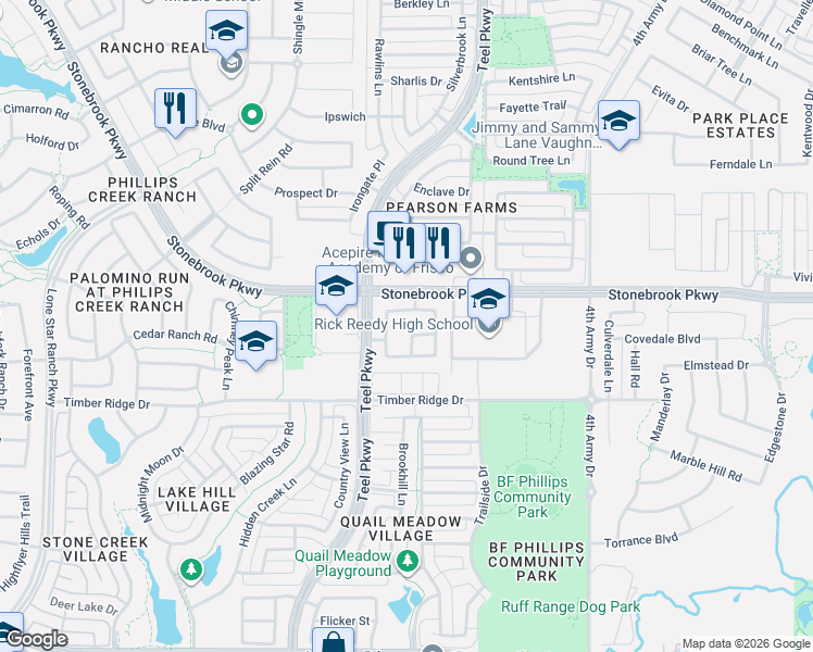map of restaurants, bars, coffee shops, grocery stores, and more near 2647 Berry Brook Lane in Frisco