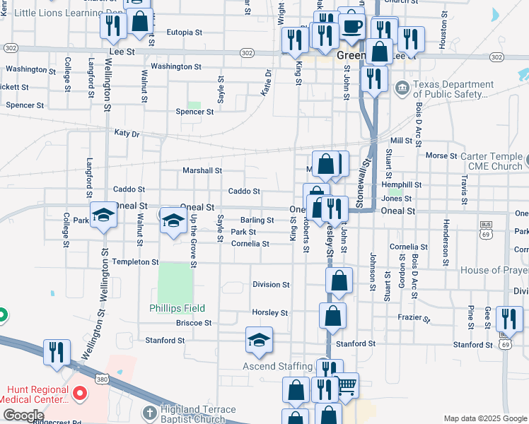 map of restaurants, bars, coffee shops, grocery stores, and more near 3115 Oneal Street in Greenville