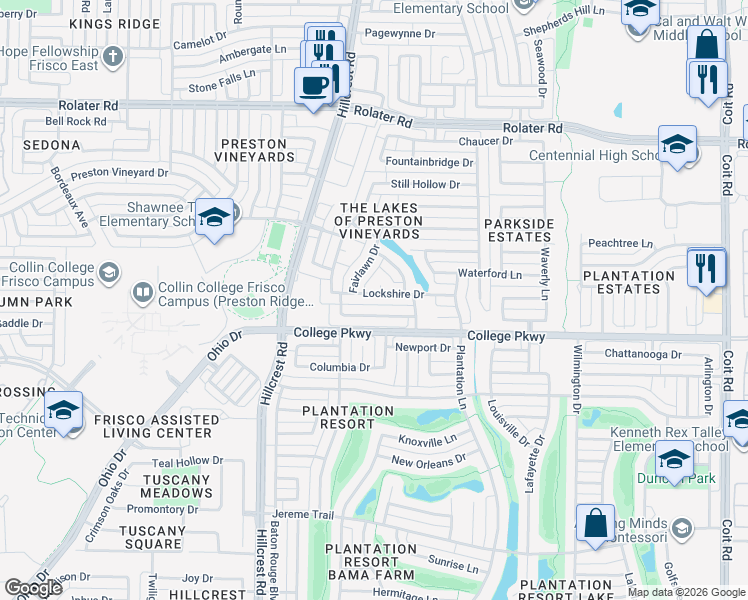 map of restaurants, bars, coffee shops, grocery stores, and more near 11083 Lockshire Drive in Frisco