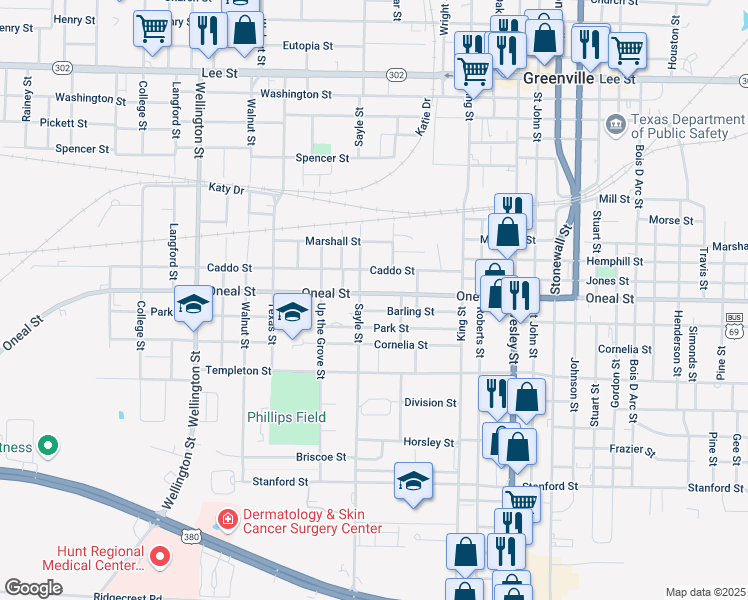 map of restaurants, bars, coffee shops, grocery stores, and more near 3409 Oneal Street in Greenville