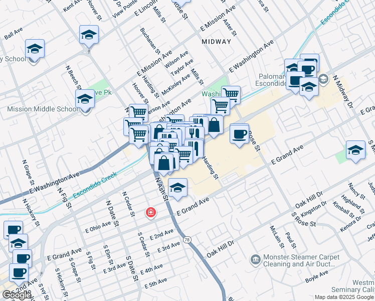 map of restaurants, bars, coffee shops, grocery stores, and more near 1340 Valley Parkway in Escondido
