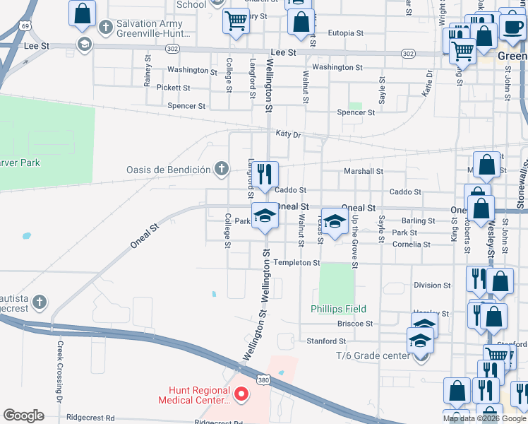 map of restaurants, bars, coffee shops, grocery stores, and more near 4101 Oneal St in Greenville