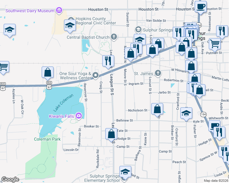 map of restaurants, bars, coffee shops, grocery stores, and more near 210 League Street South in Sulphur Springs