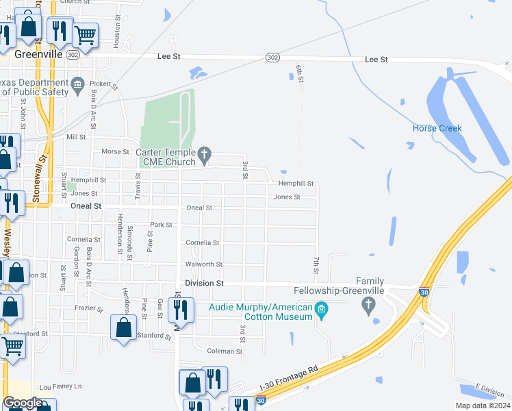 map of restaurants, bars, coffee shops, grocery stores, and more near 1116 Oneal Street in Greenville
