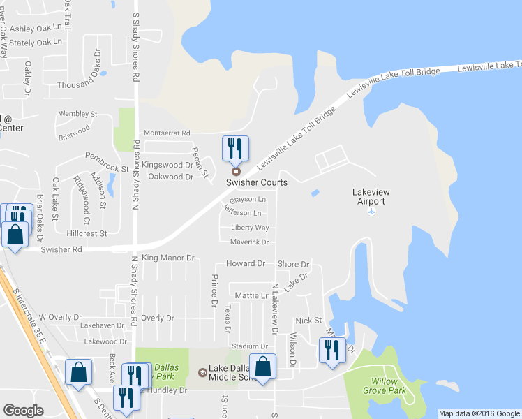 map of restaurants, bars, coffee shops, grocery stores, and more near 513 Jefferson Lane in Lake Dallas