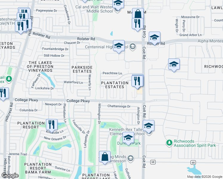 map of restaurants, bars, coffee shops, grocery stores, and more near 6505 Nottoway Court in Frisco