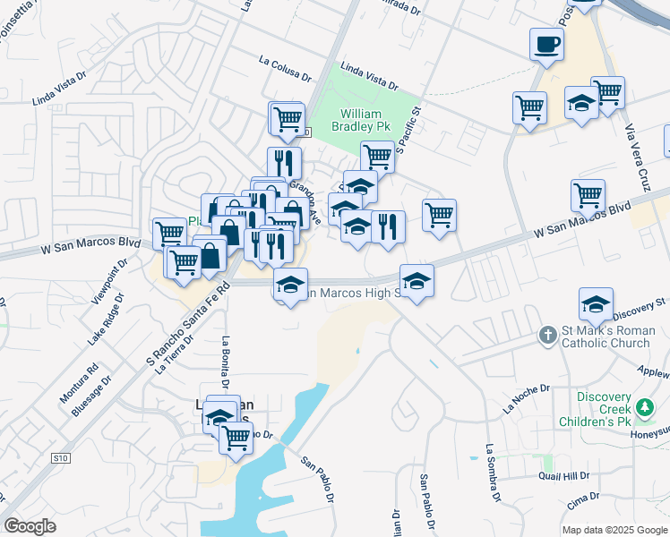 map of restaurants, bars, coffee shops, grocery stores, and more near 1582 West San Marcos Boulevard in San Marcos