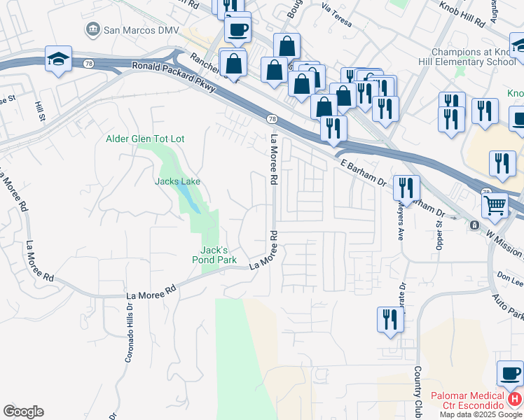 map of restaurants, bars, coffee shops, grocery stores, and more near 901 Rose Arbor Drive in San Marcos