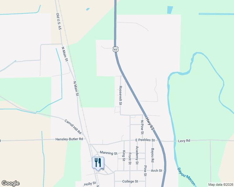 map of restaurants, bars, coffee shops, grocery stores, and more near 2214 Roosevelt Street in Eudora