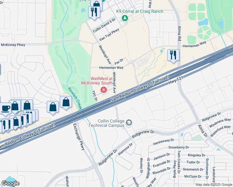 map of restaurants, bars, coffee shops, grocery stores, and more near 6991 Weiskopf Avenue in McKinney