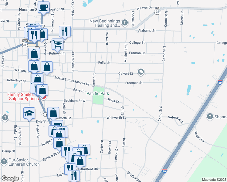 map of restaurants, bars, coffee shops, grocery stores, and more near 409 Martin Luther King Junior Drive in Sulphur Springs