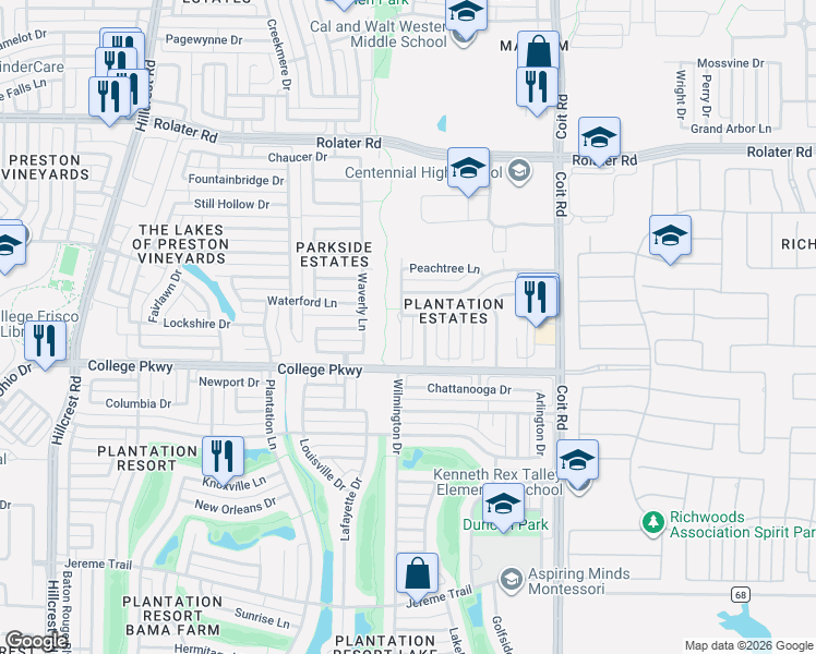 map of restaurants, bars, coffee shops, grocery stores, and more near 6500 White Oaks Lane in Frisco