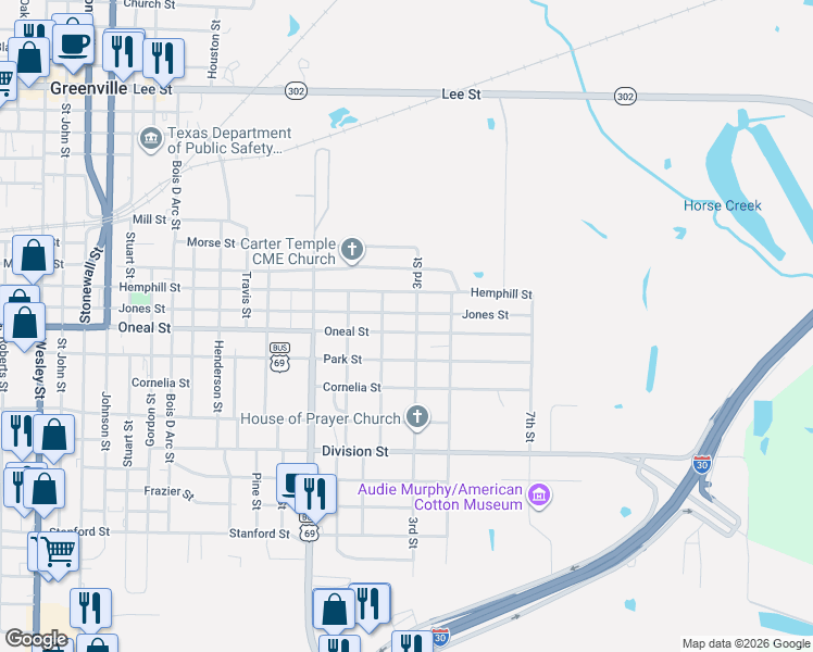 map of restaurants, bars, coffee shops, grocery stores, and more near 1208 Oneal Street in Greenville