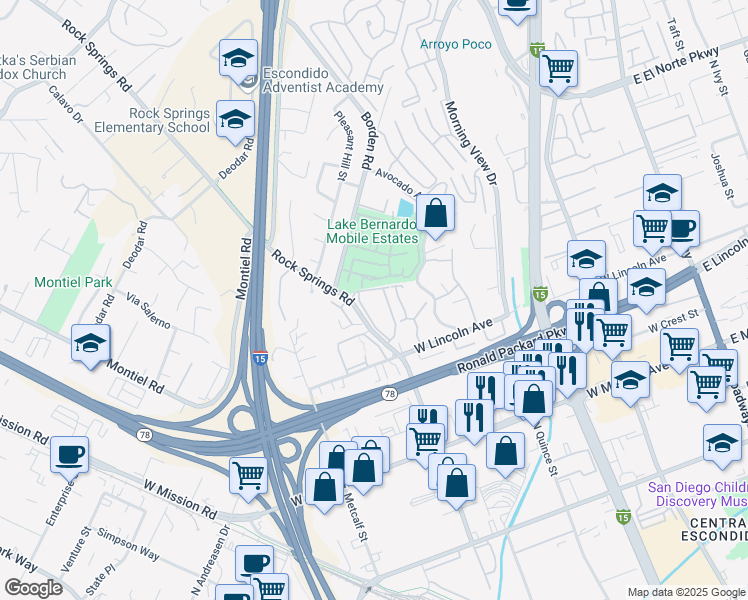 map of restaurants, bars, coffee shops, grocery stores, and more near 1050 Rock Springs Road in Escondido