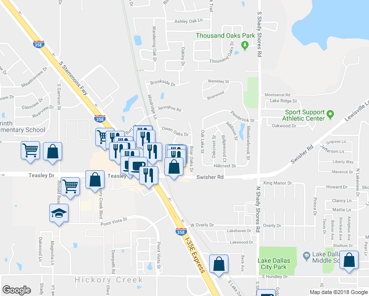 map of restaurants, bars, coffee shops, grocery stores, and more near 305 Ravenna Road in Lake Dallas