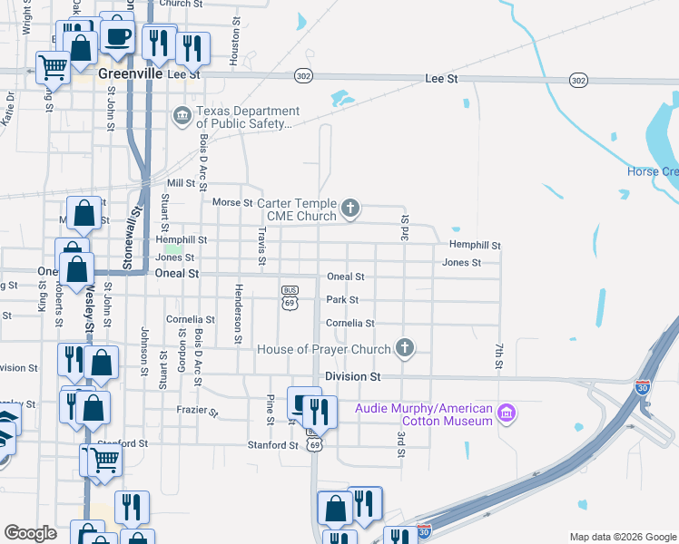 map of restaurants, bars, coffee shops, grocery stores, and more near 1402 Oneal Street in Greenville