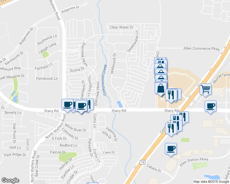 map of restaurants, bars, coffee shops, grocery stores, and more near 2119 Waterrock Drive in Allen