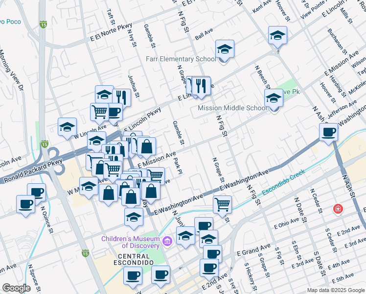 map of restaurants, bars, coffee shops, grocery stores, and more near 801 Gamble Street in Escondido