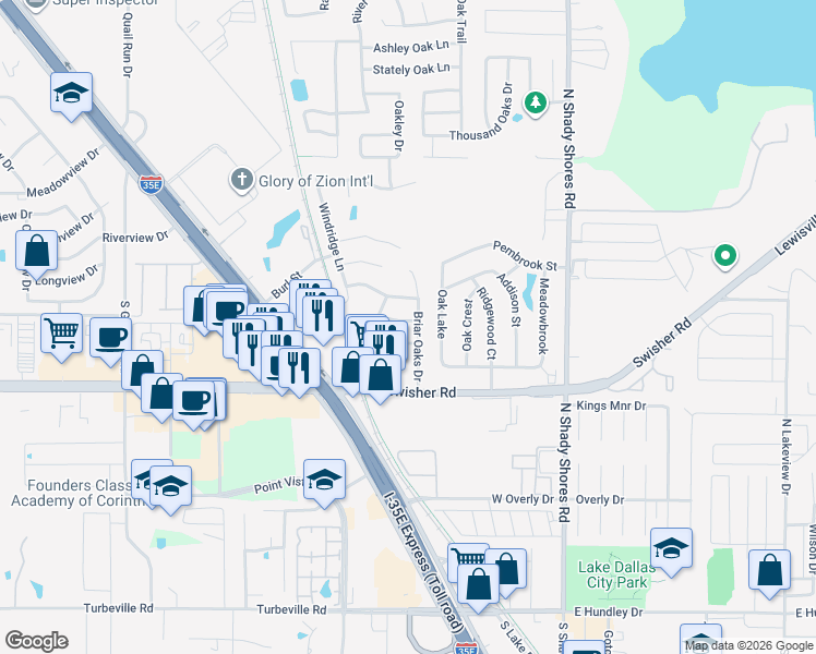map of restaurants, bars, coffee shops, grocery stores, and more near 303 Ravenna Road in Lake Dallas