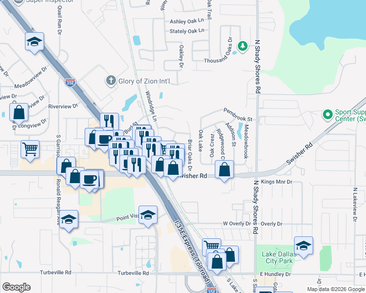map of restaurants, bars, coffee shops, grocery stores, and more near 305 Ravenna Road in Lake Dallas