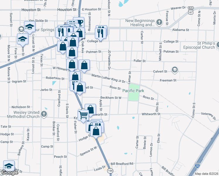 map of restaurants, bars, coffee shops, grocery stores, and more near 114 Ross Street in Sulphur Springs