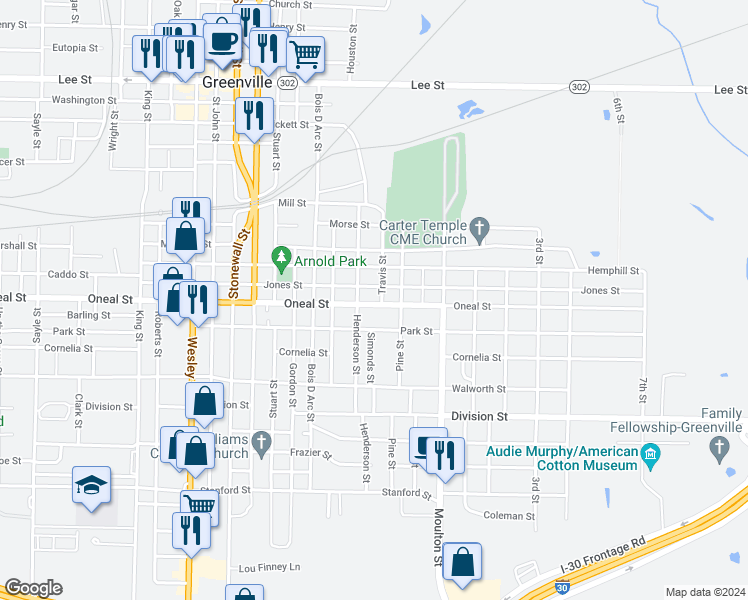 map of restaurants, bars, coffee shops, grocery stores, and more near 1808 Oneal Street in Greenville
