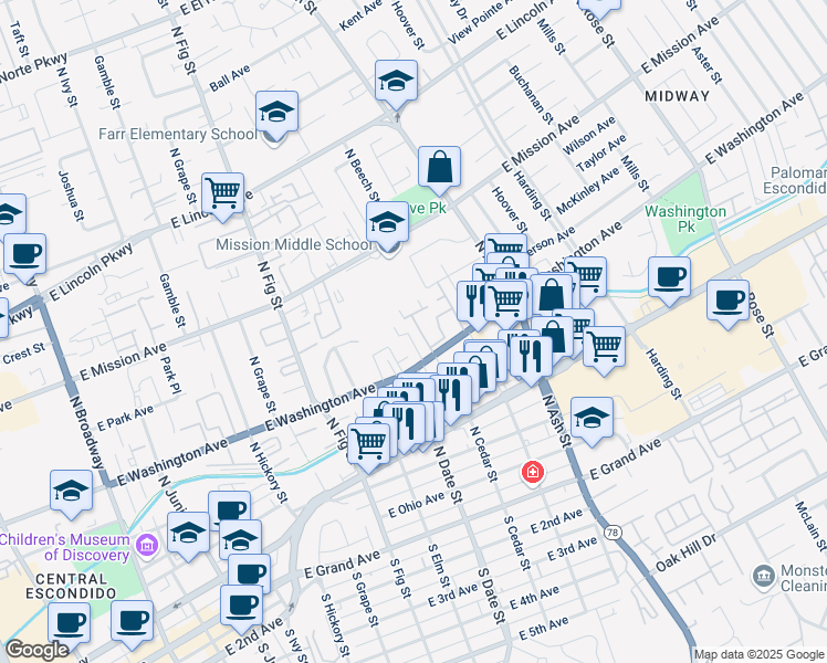 map of restaurants, bars, coffee shops, grocery stores, and more near 1020 East Washington Avenue in Escondido
