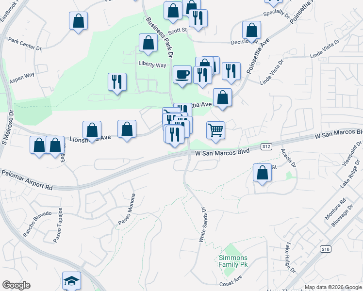 map of restaurants, bars, coffee shops, grocery stores, and more near 3281 Business Park Dr in Vista