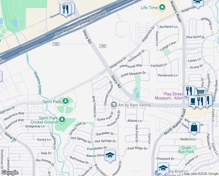 map of restaurants, bars, coffee shops, grocery stores, and more near 2143 Channel Islands Drive in Allen