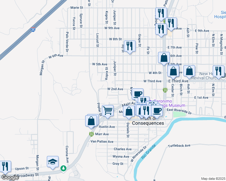 map of restaurants, bars, coffee shops, grocery stores, and more near 700-710 W 2nd Ave in Truth or Consequences