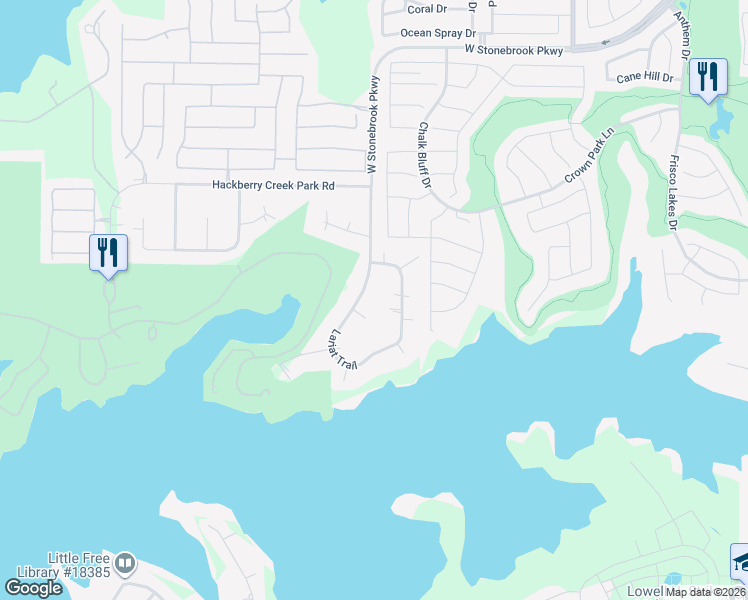 map of restaurants, bars, coffee shops, grocery stores, and more near 2121 Lariat Trail in Frisco