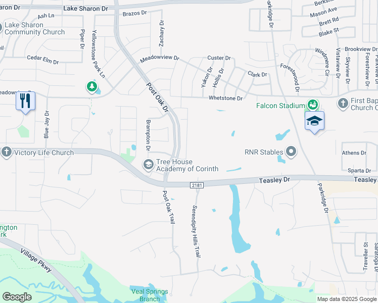 map of restaurants, bars, coffee shops, grocery stores, and more near 3212 Juneau Drive in Corinth