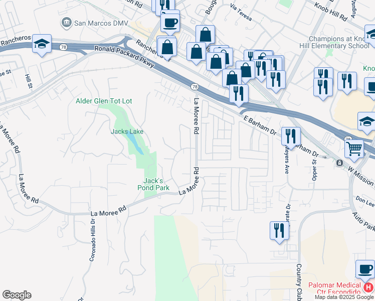 map of restaurants, bars, coffee shops, grocery stores, and more near 900 Rose Arbor Drive in San Marcos