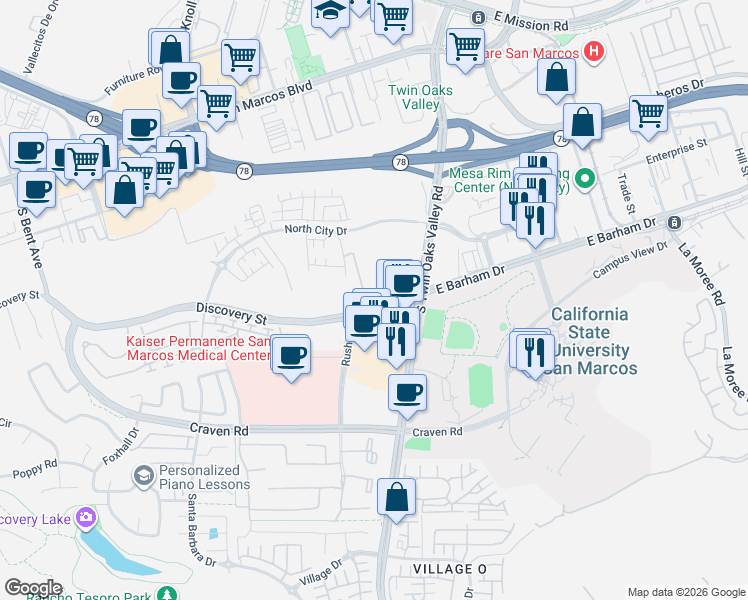 map of restaurants, bars, coffee shops, grocery stores, and more near 172 Discovery Street in San Marcos