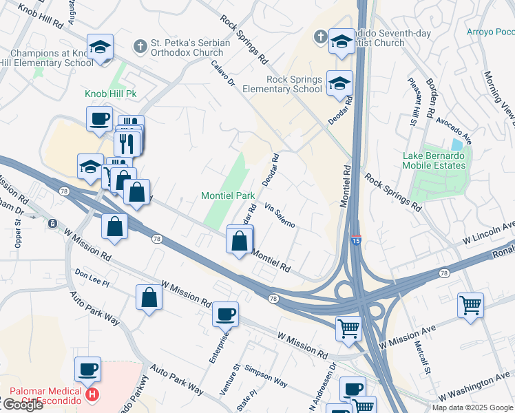 map of restaurants, bars, coffee shops, grocery stores, and more near 1597 Via Salerno in Escondido