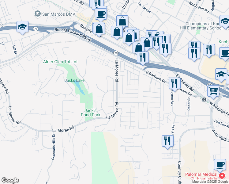 map of restaurants, bars, coffee shops, grocery stores, and more near 901 Rose Arbor Drive in San Marcos