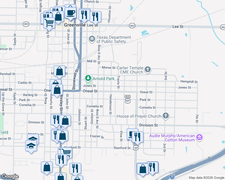 map of restaurants, bars, coffee shops, grocery stores, and more near 1900 Oneal Street in Greenville