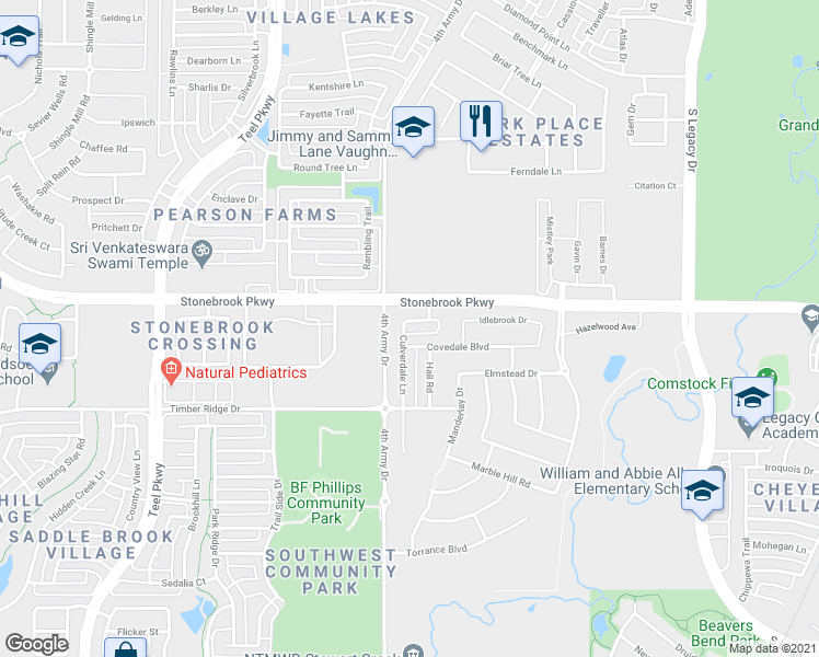 map of restaurants, bars, coffee shops, grocery stores, and more near 3415 Salvador Lane in Frisco